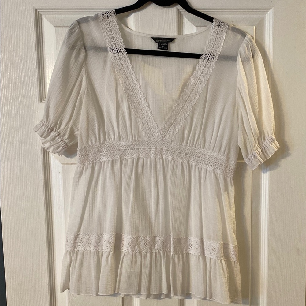 Moda International White Puff Sleeve Ruffled Blouse